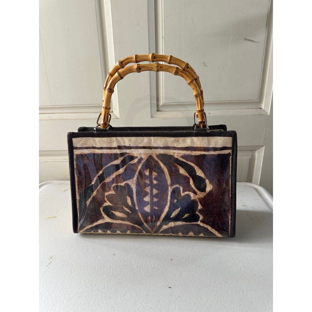 Hawaiian Polynesian Lauhala Weave Pandan Leaf Kapa Bamboo Handle Baguette Bag